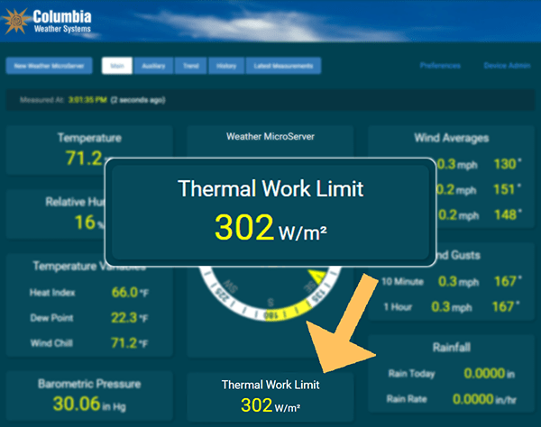 Thermal Work Limit shown on the Cloud WeatherServer