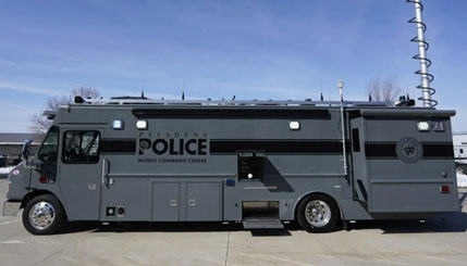 Pasadena Police's mobile command center with weather station mounted to the side.