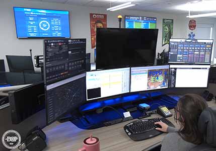 Johnston County 911 center with Weather MicroServer displaying real-time weather data on the far left wall.